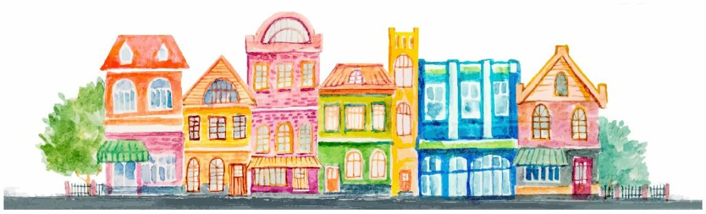colorful drawing of row of homes and shops